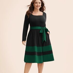 BloomChic Plus Size Two Tone Belted Bowknot Square Neck Dress